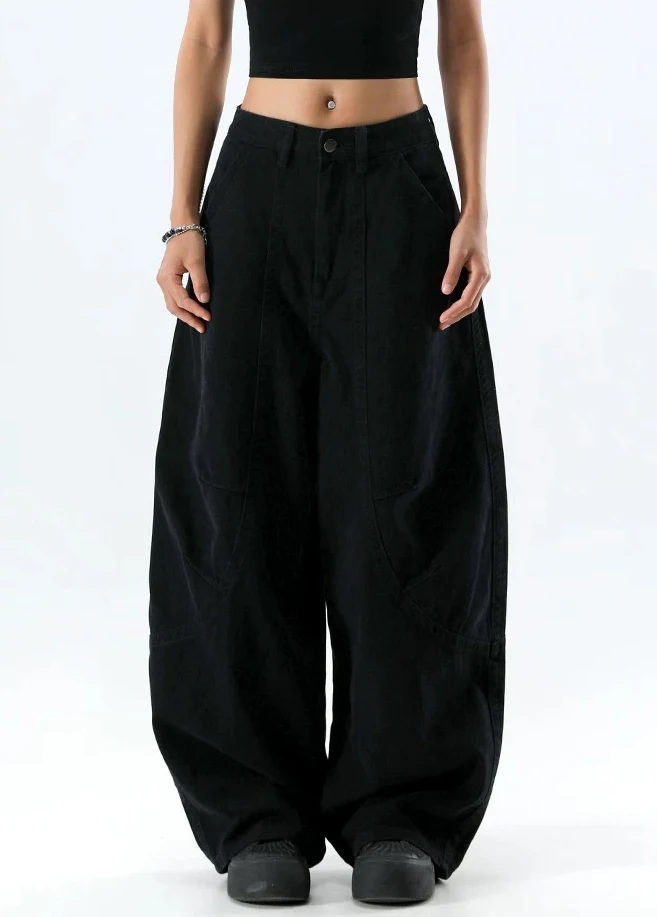 Y2K Low Rise Jeans Women Black Curved Knife Wide Leg Pants American Loose Fit Summer New Slimming Trousers