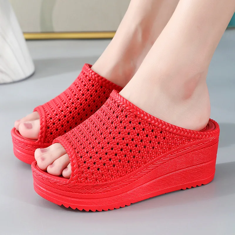 Women Shoes 2024 New Slippers High Heel Slippers Women Summer Sandals Wedge Women Sandals Thick Soled Casual Shoes PVC Material