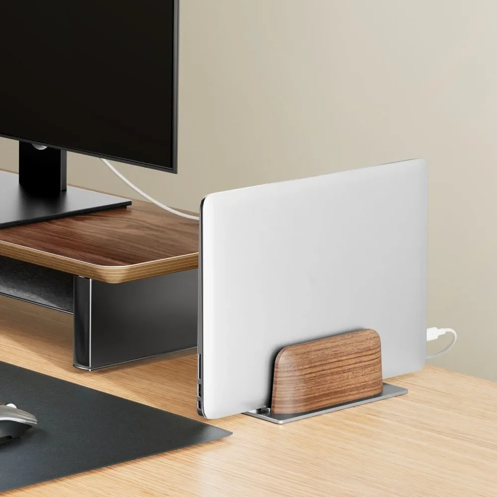 Vertical Laptop Stand for Desk, Black Walnut Wood and Aluminium Laptop Holder for All MacBook, Surface, Samsung, HP, Dell