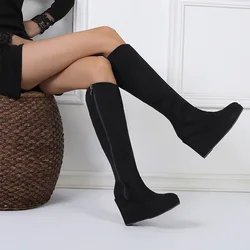 2024 Autumn Early Winter Shoes Women Knee High Boots Single Wedges Ladies Ankle Boots Plus Size 42 Black Wedge Heels 10cm D167