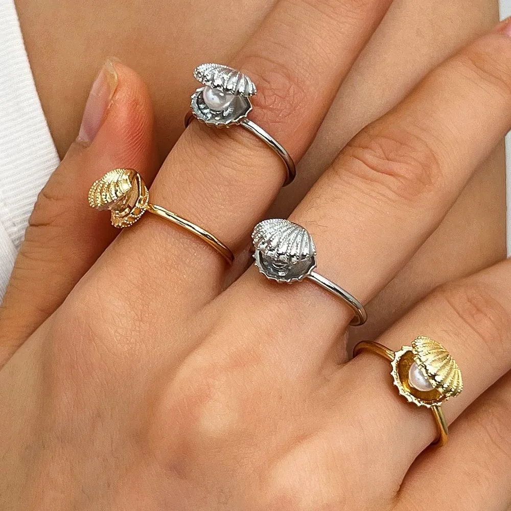 New Creative Openable Shell Faux Pearl Zircon Open Adjustable Rings for Women Ocean Beach Style Stackable Statement Ring Jewelry