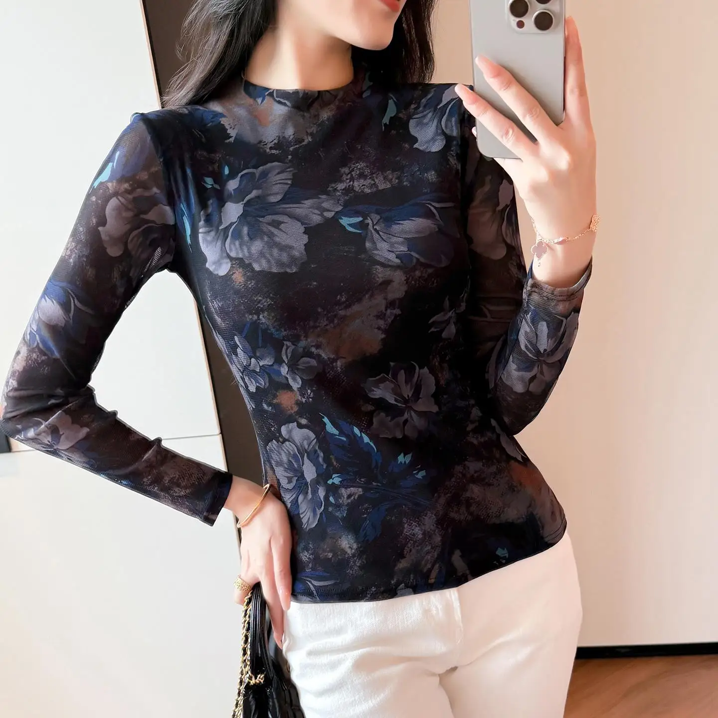 High Collar Me Printed Long Sve Base irt Women's Faionable Slim Fit Inner Wear T-irt Small irt Autumn Winter