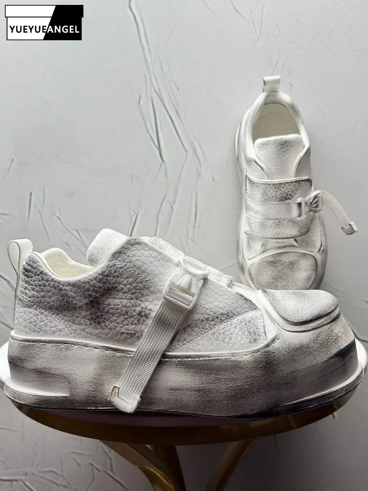 

Concise Daily Wear Solid Color Round Toe Male Sneakers Handmade Height Increase Platform Buckle Strap Make Old Casual Shoes