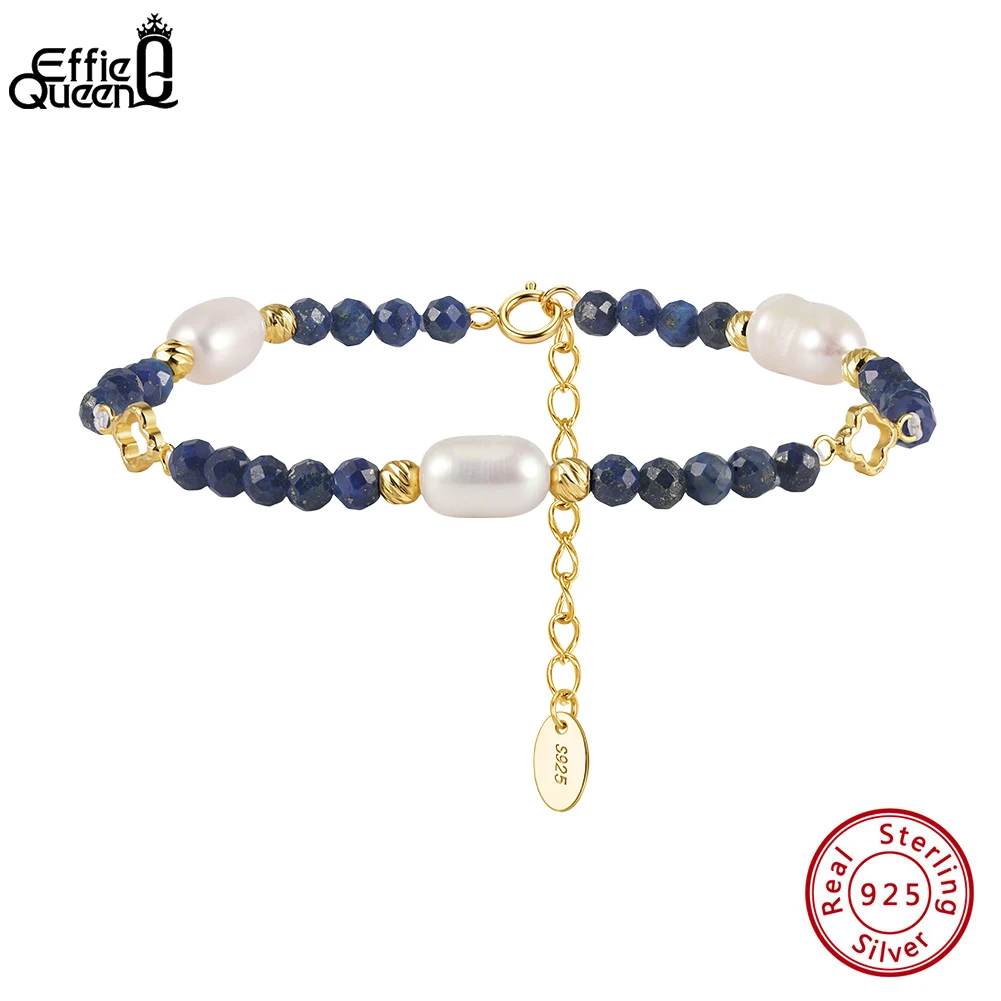 Effie Queen 925 Pure Silver 3MM Beaded Bracelet with Natural Stone Malachite/Black Tourmaline/Lapis Lazuli/ Pearl Jewelry MPB20