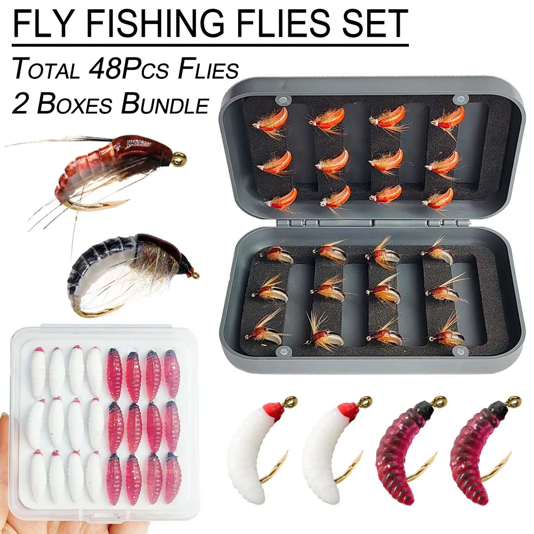 Wet Dry Fly Fishing Set Nymphs Set-2 Boxes Bundle(Total 48 Pcs Flies)Flies Kit Lures Fishing Box for Trout/Bass/Carp