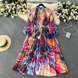 JAMERARY Fashion Floral Print Maxi Dress Women Lantern Long Sleeve Holiday Vacation Peacock Evening Party Robe Autumn Vestidos