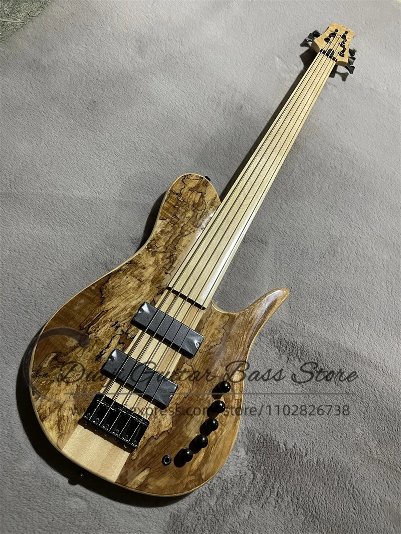 5 Strings Lessfrets Bass Guitar Fode Bass Maple Neck Though ASH Wood Body Burl Maple Top 24 Frets Active Battery