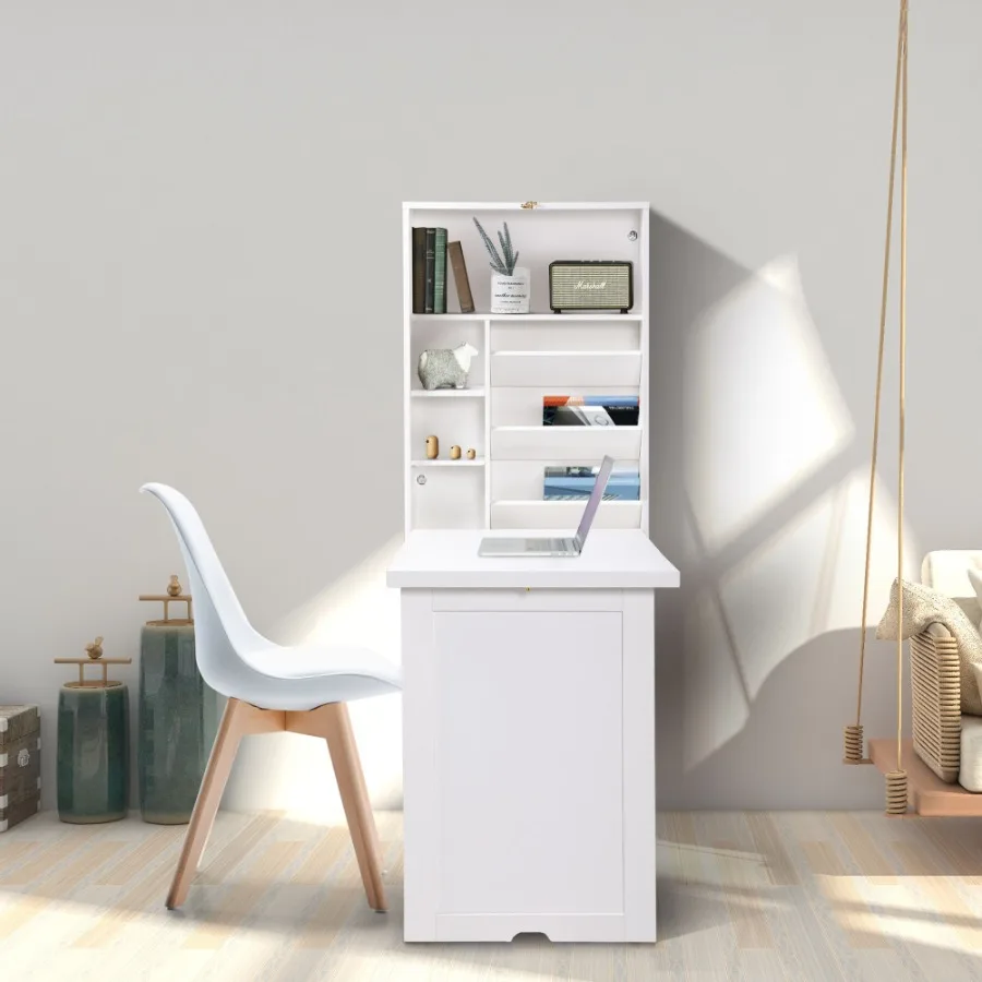 

Modern Compact Wood Wall Mounted Folding Desk Cabinet Convertible Writing Desk for Home Office with Storage; White