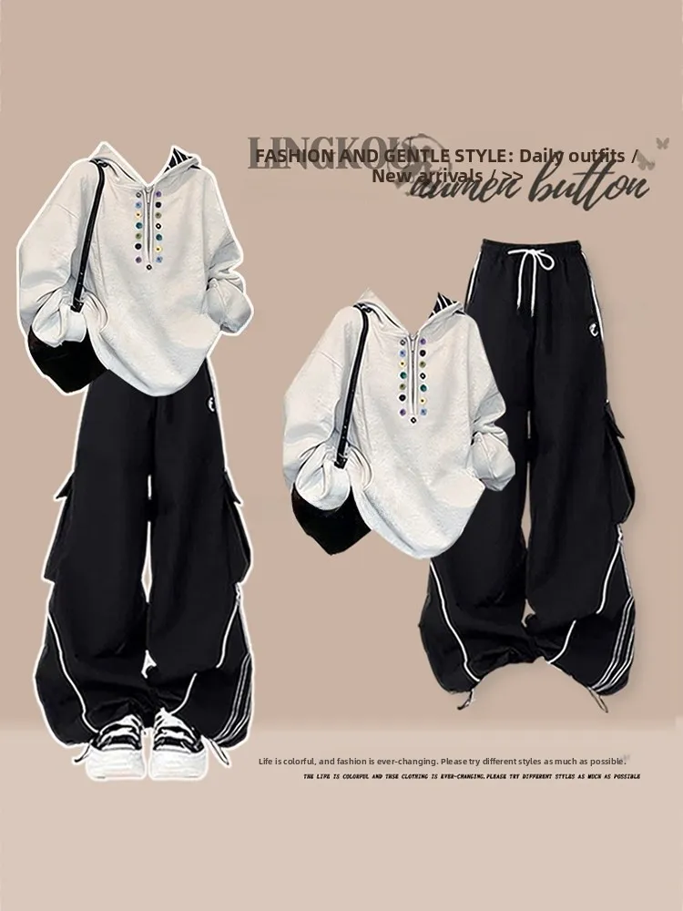 

Casual Spring Autumn Women's Outfit Hoodie Sweatirt And Wide Leg Sports Pants Two Piece Set Slimming Effect Trendy Sle