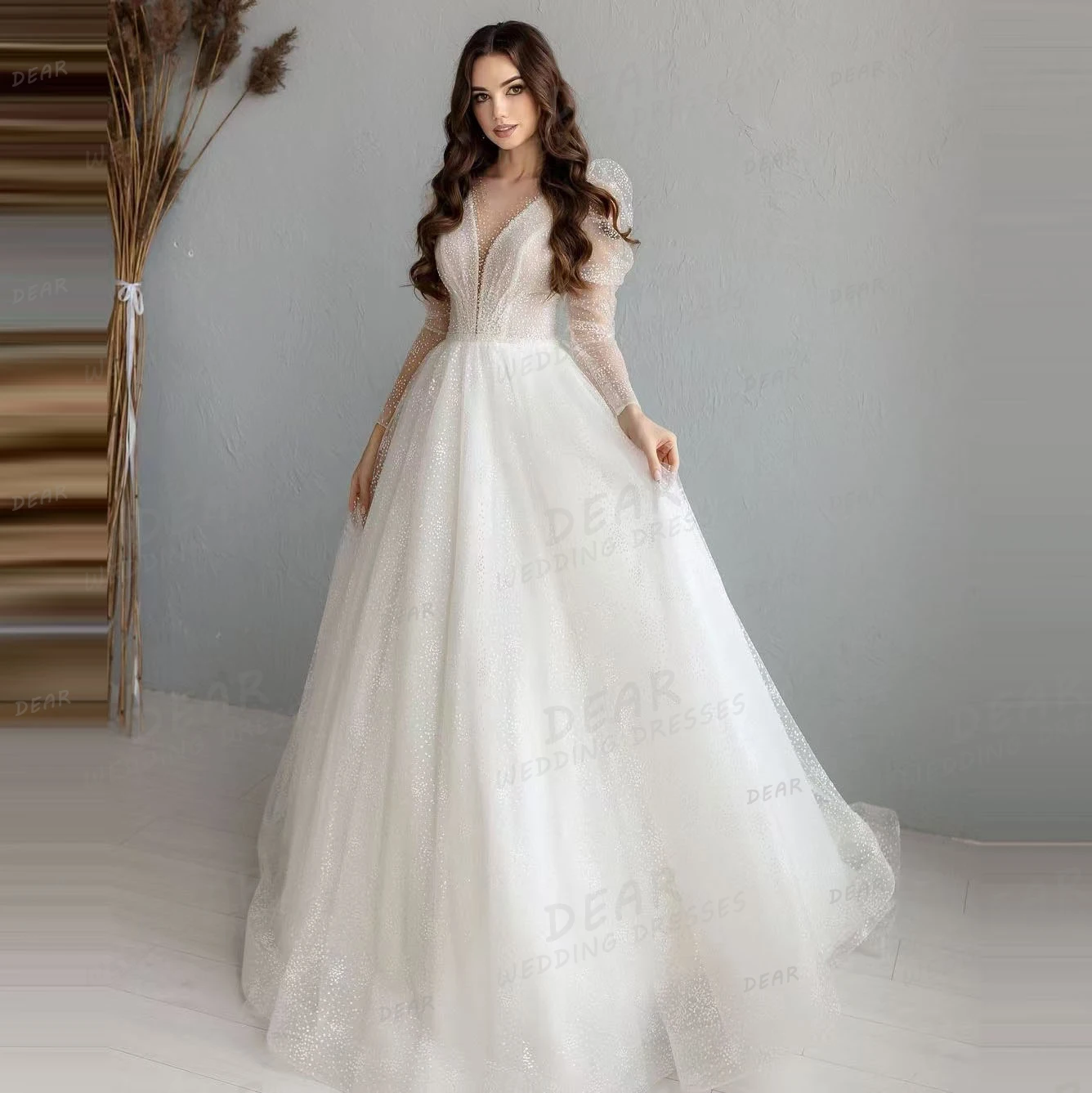 

Luxury Wedding Dresses Woman's Sexy A Line Sparkle V Neck Long Sleeve Sequined Bridal Gowns Lace Tulle Vestidos De Novias 2024