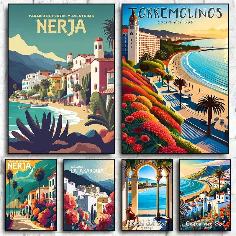 Vintage Travel Poster of Malaga  Canvas Prints Art of Village Beaches  Sunny Coast  Retro Wall Art Pictures for Home Decor