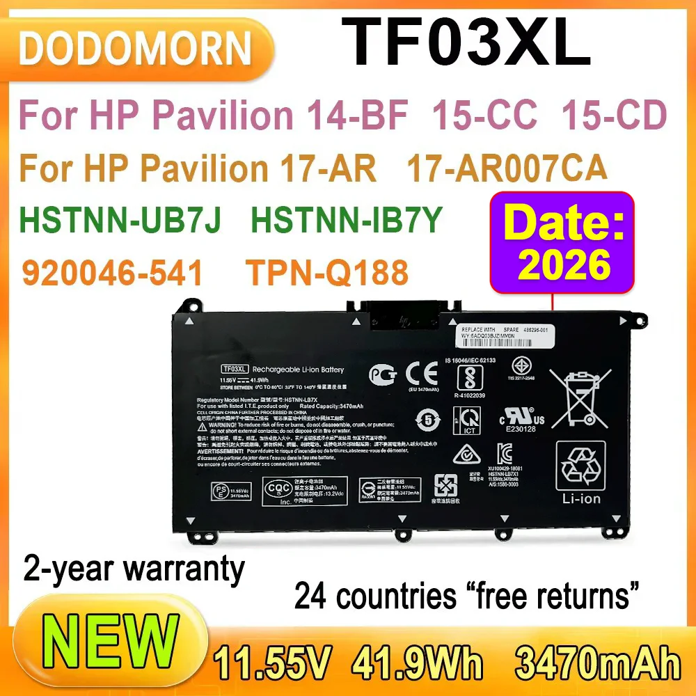 Nueva batería de ordenador portátil TF03XL para HP Pavilion 14-BF 14-bf033TX 15-CC 15-CC001NA 15-CD 5-CD000NG 17-AR 17-AR007CA HSTNN-UB7J TPN-Q188