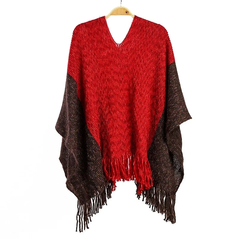 Herbst Winter neue Kontrast Quaste Umhang lose Pullover Frauen gestrickt Schal Ponchos Dame Umhänge grün