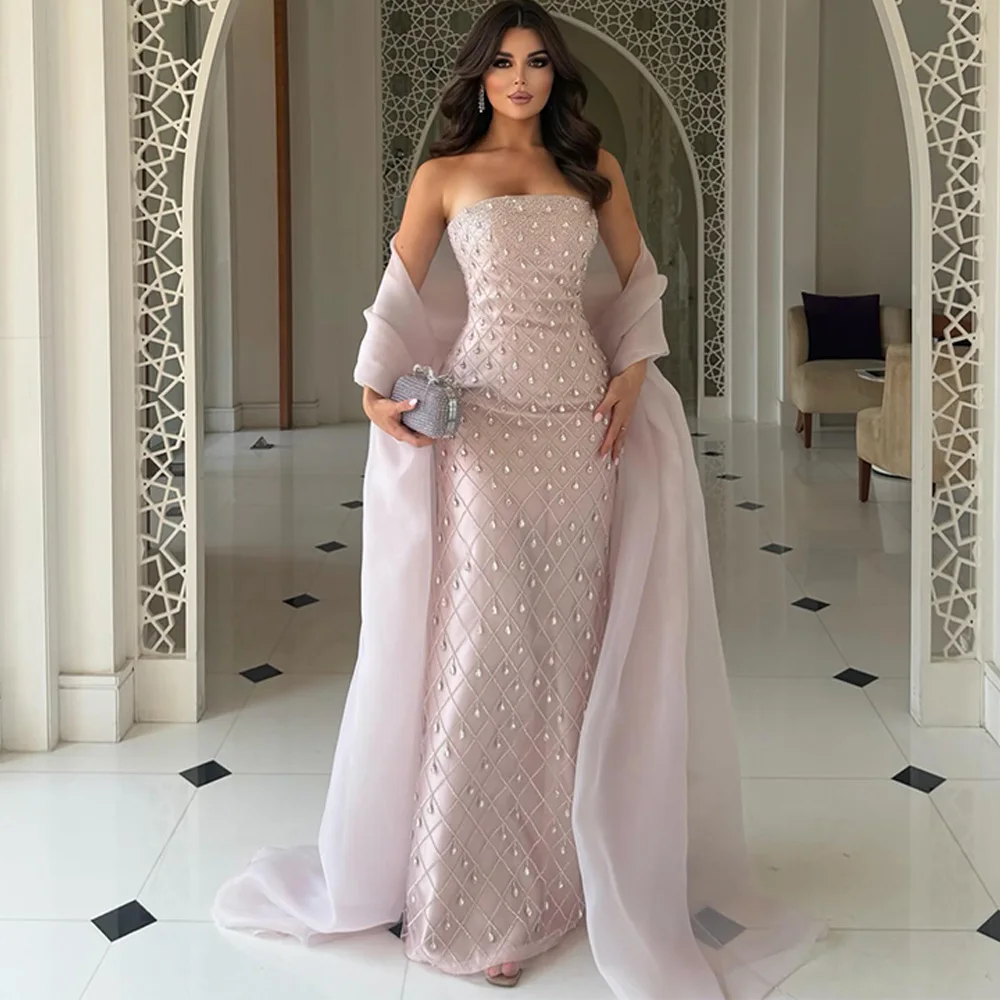 Elegant Mermaid Organza Celebrity Gowns with Shawl Strapless Sleeveless Customized Prom Dress Delicate Crystal Evening Dress