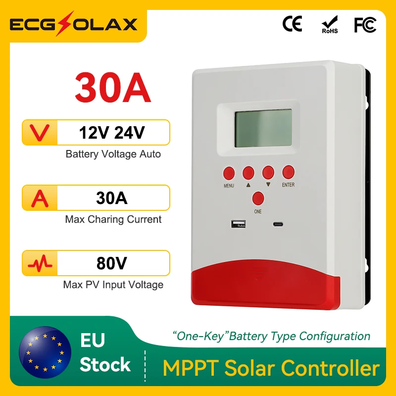 ECGSOLAX 30A MPPT الشمسية جهاز التحكم في الشحن 12 فولت 24 فولت لوحة طاقة شمسية منظم مع شاشة الكريستال السائل جهاز تحكم يعمل بالطاقة الشمسية ماكس PV 100VDC