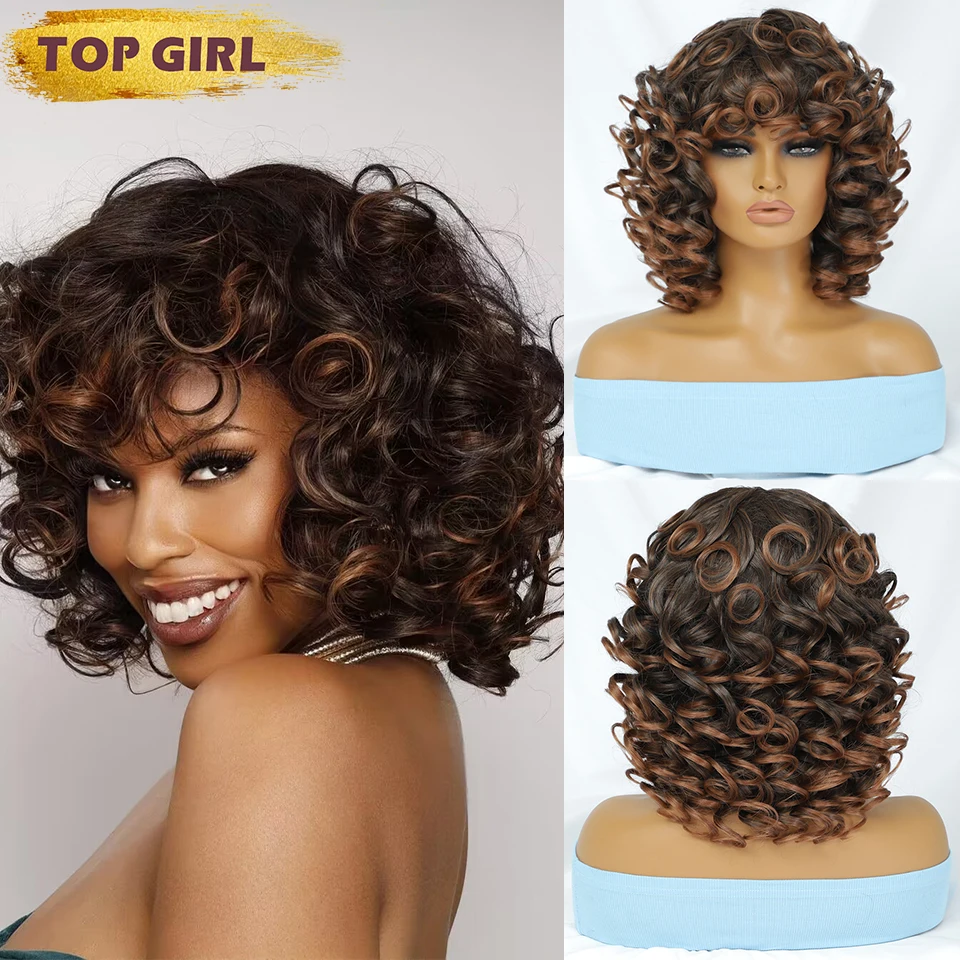 

Synthetic Short Hair Afro Curly Wig With Bangs Afro Curly Wigs With Bang For Black Women Ombre Pelucas High Temperature