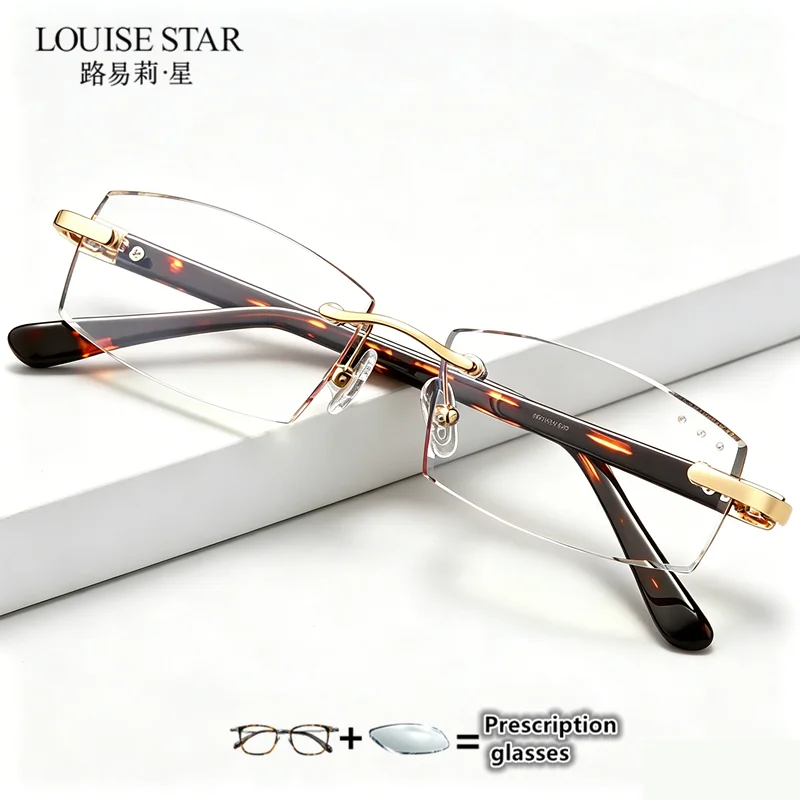 Diamond trimmed frameless reading glasses for men, anti blue light business titanium alloy, customizable prescription