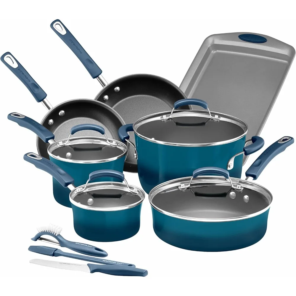 

Brights Nonstick Cookware Set / Pots and Pans Set - 14 Piece, Marine Blue