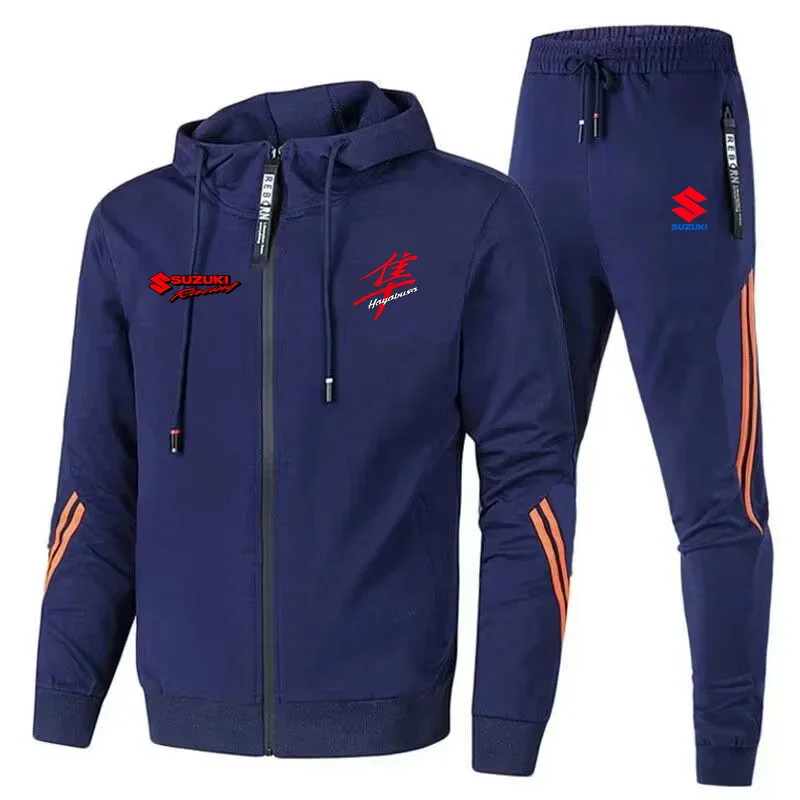 New Suzuki sportswear set for men, featuring a zip-up hooded sweatshirt and pants with Suzuki logo print. Quick delivery.