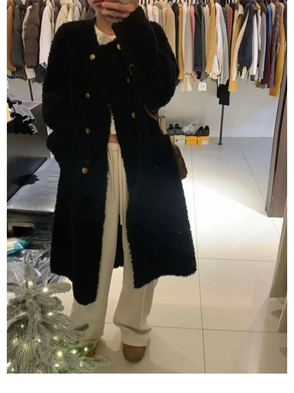 

Faionable Lamb Fur Jaet Women's Mid-Length Loose Warm Versatile Korean Sle Polyester Fiber Long Sve round Ne Coat