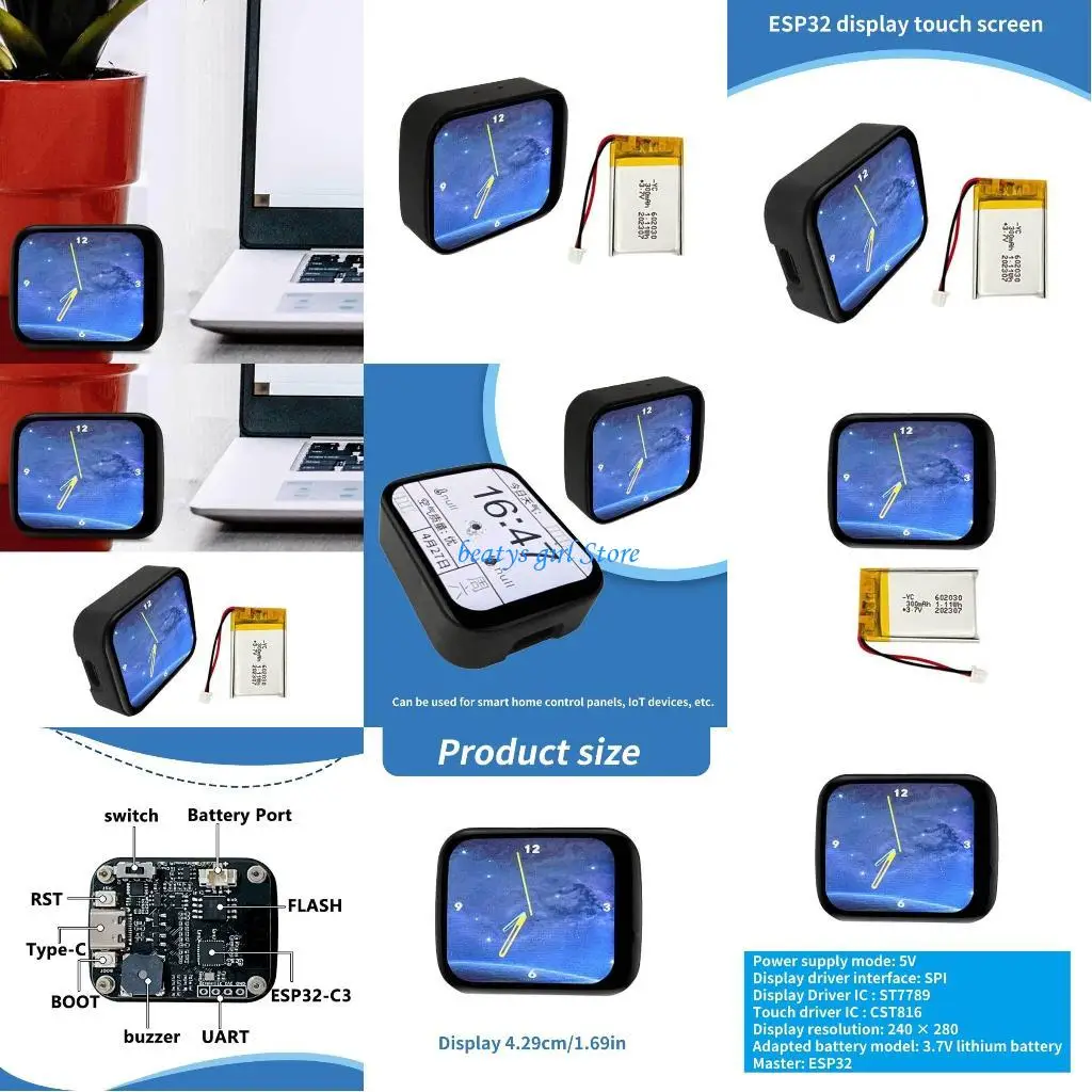 C7AB 1.69 بوصة LCD تعمل باللمس عرض ESP32 زخرفة ساعة مشاهدة التلفزيون الجرس ST7789 240x280 عرض الملحقات