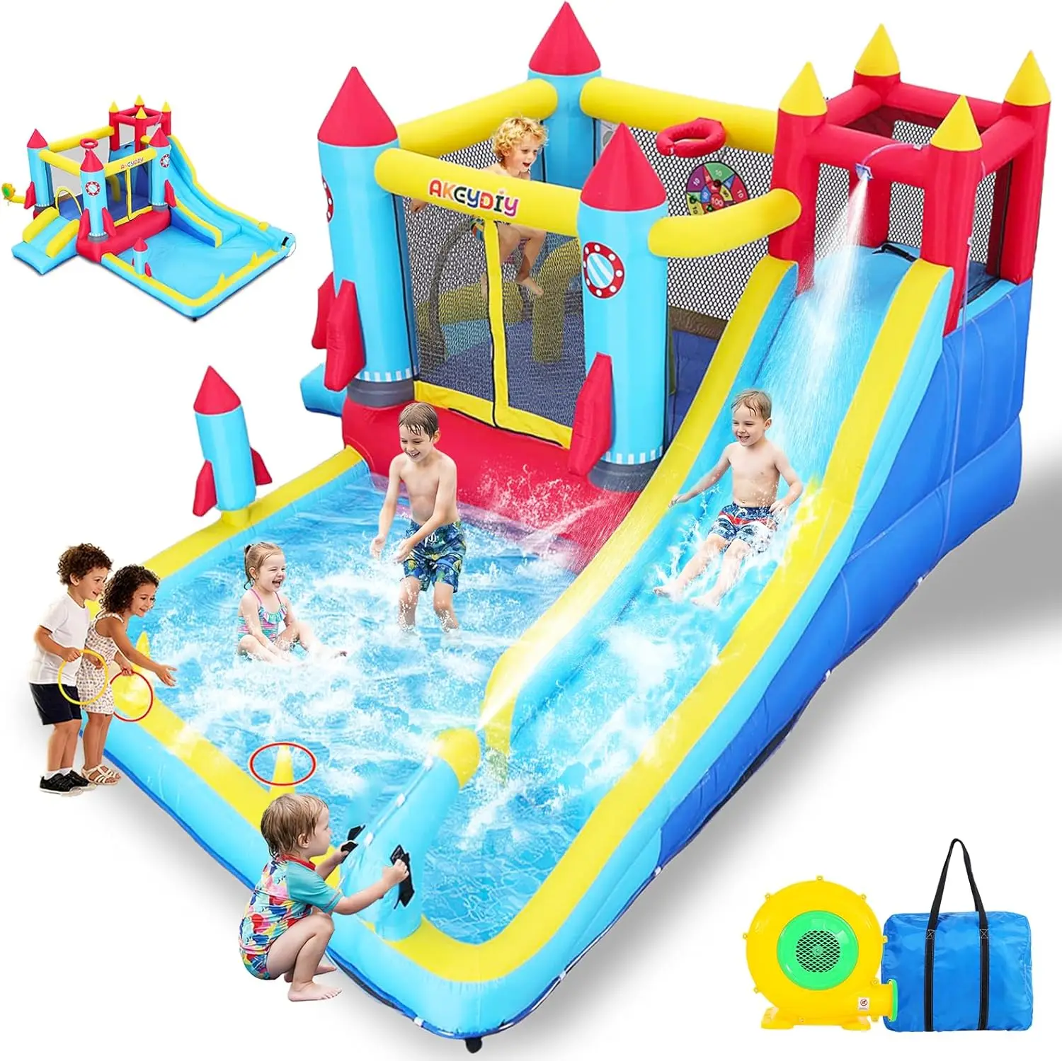 12-in-1 Inflatable Bounce House with Dual Water Slide, Climbing Wall, Punching Bag, Water Gun, Basketball Hoop, and 480W Blower, Indoor Outdoor Jump House for Kids