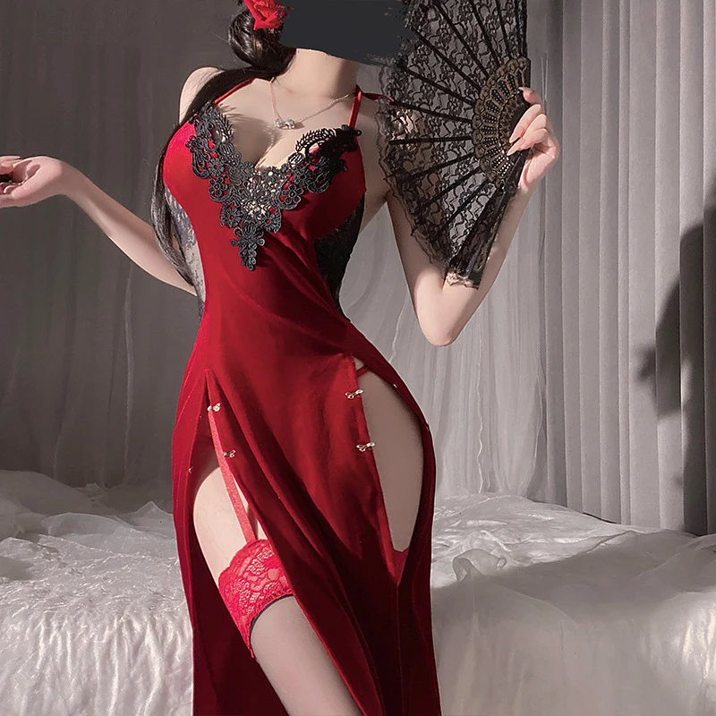 

Movie Superhero Women V-Neck Long Lace Velvet Dress Witch Uniform Halloween Cosplay Costume Backless Qipao Chinese Style Pajamas