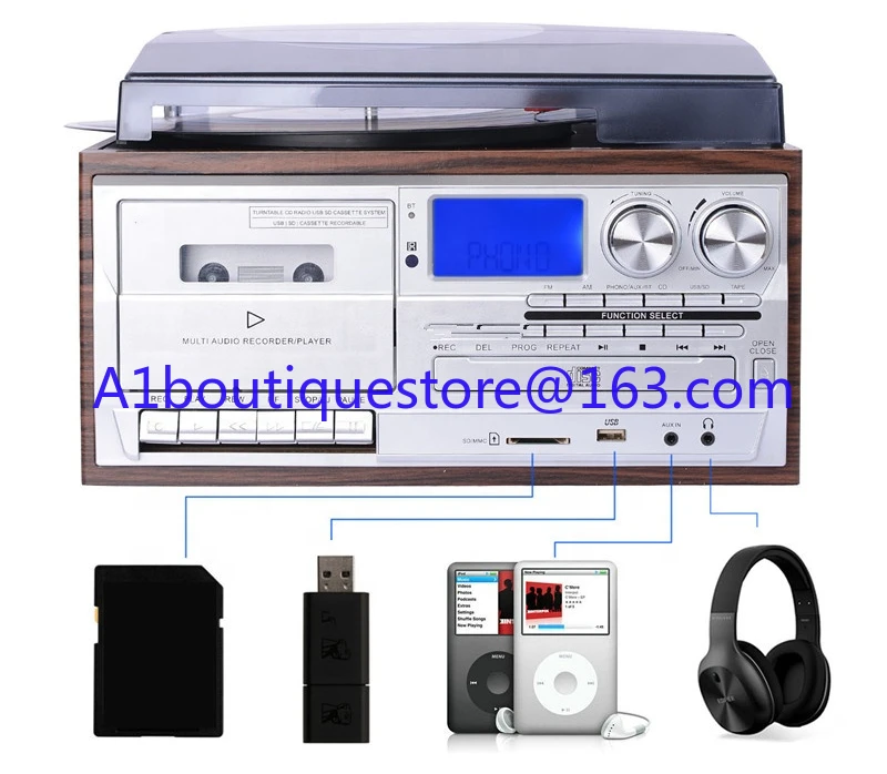 Multi-function turntable player Gramophone Vinyl record player with external speakers AM FM radio Bluetooth cassette player