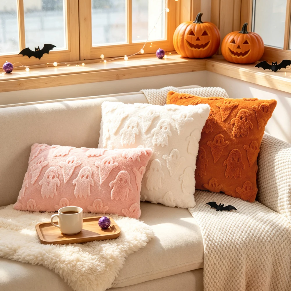 BUYNOW 1PC acquard Faux Rabbit Fur Halloween Ghost Pillowcase Without Filler Halloween Vibe Sofa Cushion Cover Home Decor