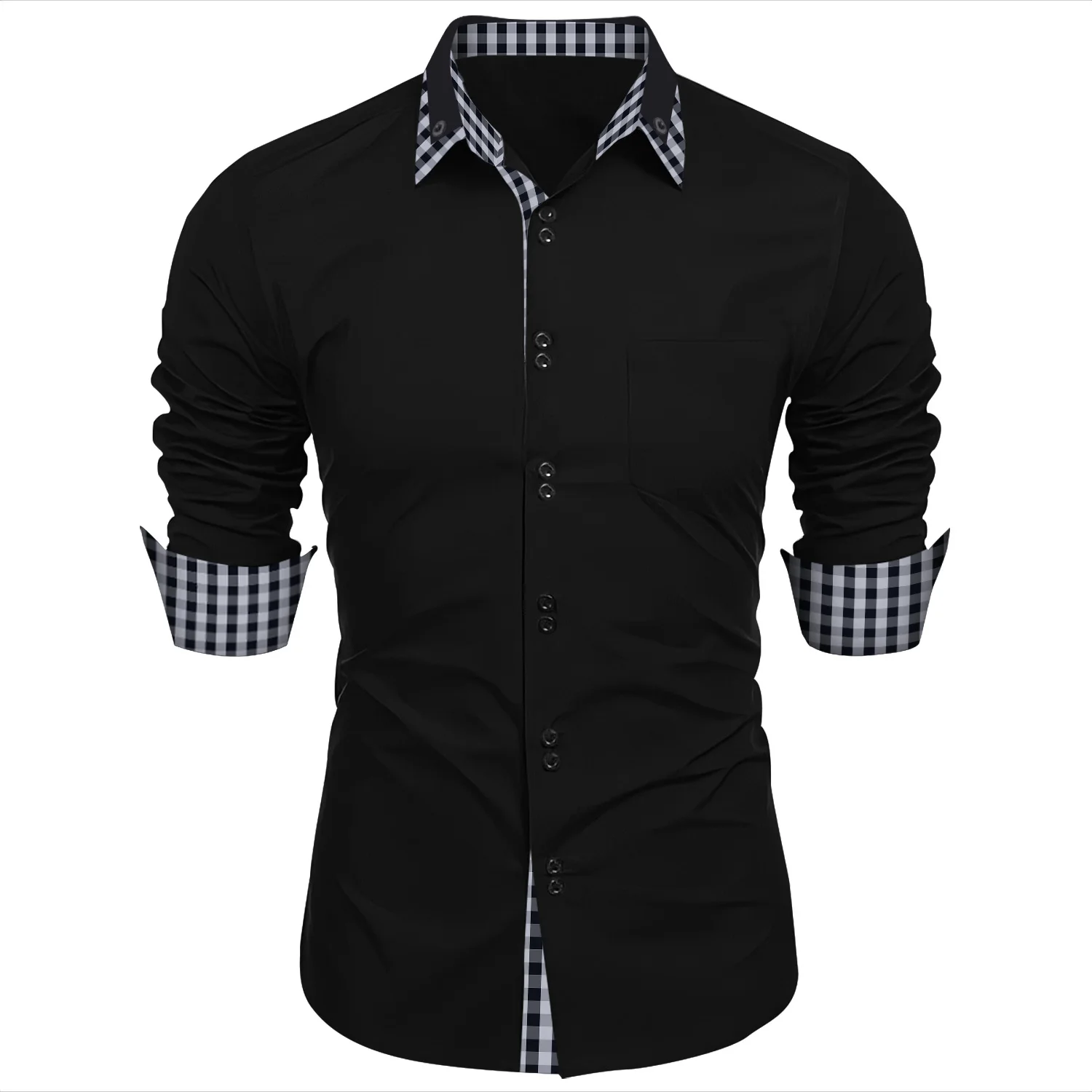 Camisa ajustada a cuadros para hombre, camisa de negocios de manga larga con bolsillo de retazos, nueva moda, primavera y verano