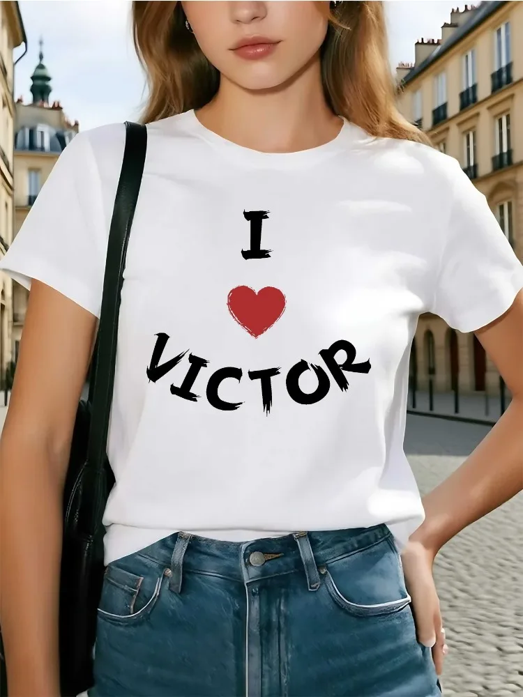 Ladies I Love Victor Pattern T-shirt. Casual Short Sleeved Red Heart Design Suitable for Casual Fun. Pattern T-shirt