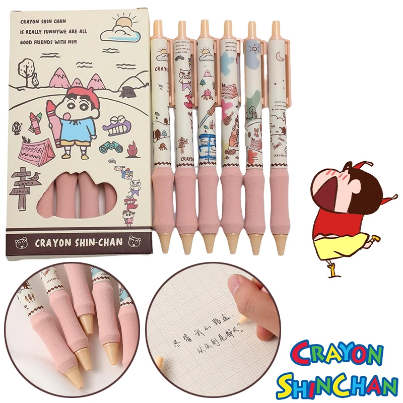 

6pcs Crayon Shin-chan Gel Pens Student 0.5mm Black Ink Press Neutral Pen Quick Drying Pen Stationery School Office Supplies Gift