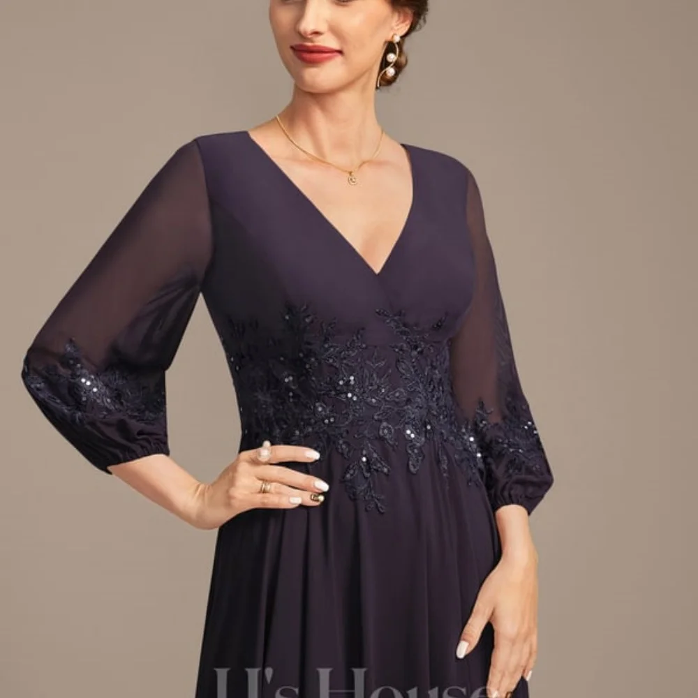 Cathy Embroidery V Neck Puff Sleeve Wedding Dresses Chiffon A-line vestidos de noche Mom Pretended Customized Formal Evening