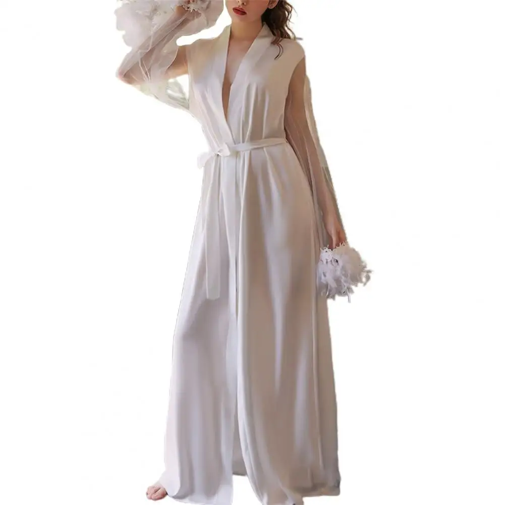 Long Bride Robe Wedding Pijama White Bathrobe V Neck Mesh Feather Cuffs Embroidery Night Robe