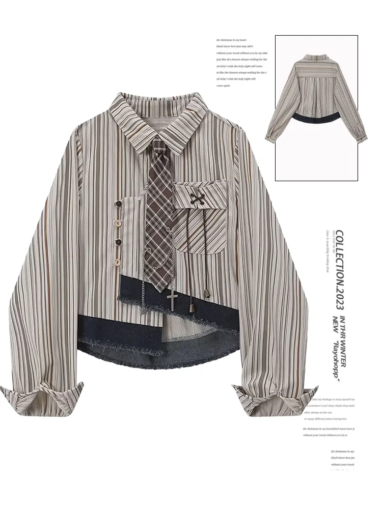 Women\'s Brown Striped Shirts and Blouses Y2k Vintage Korean Streetwear Harajuku 2000s Elegant Long Sleeve Emo Shirt Clothes 2024