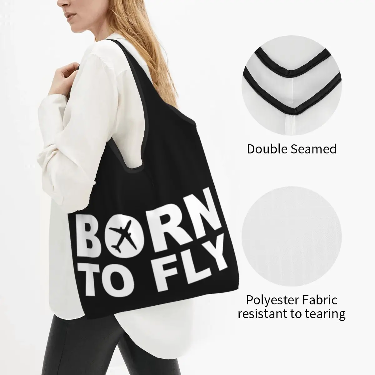 Custom Born To Fly Flight Pilot Shopping Bag  Portable Big Capacity Groceries Aviation Airplane Aviator Gift Tote Shopper Bags