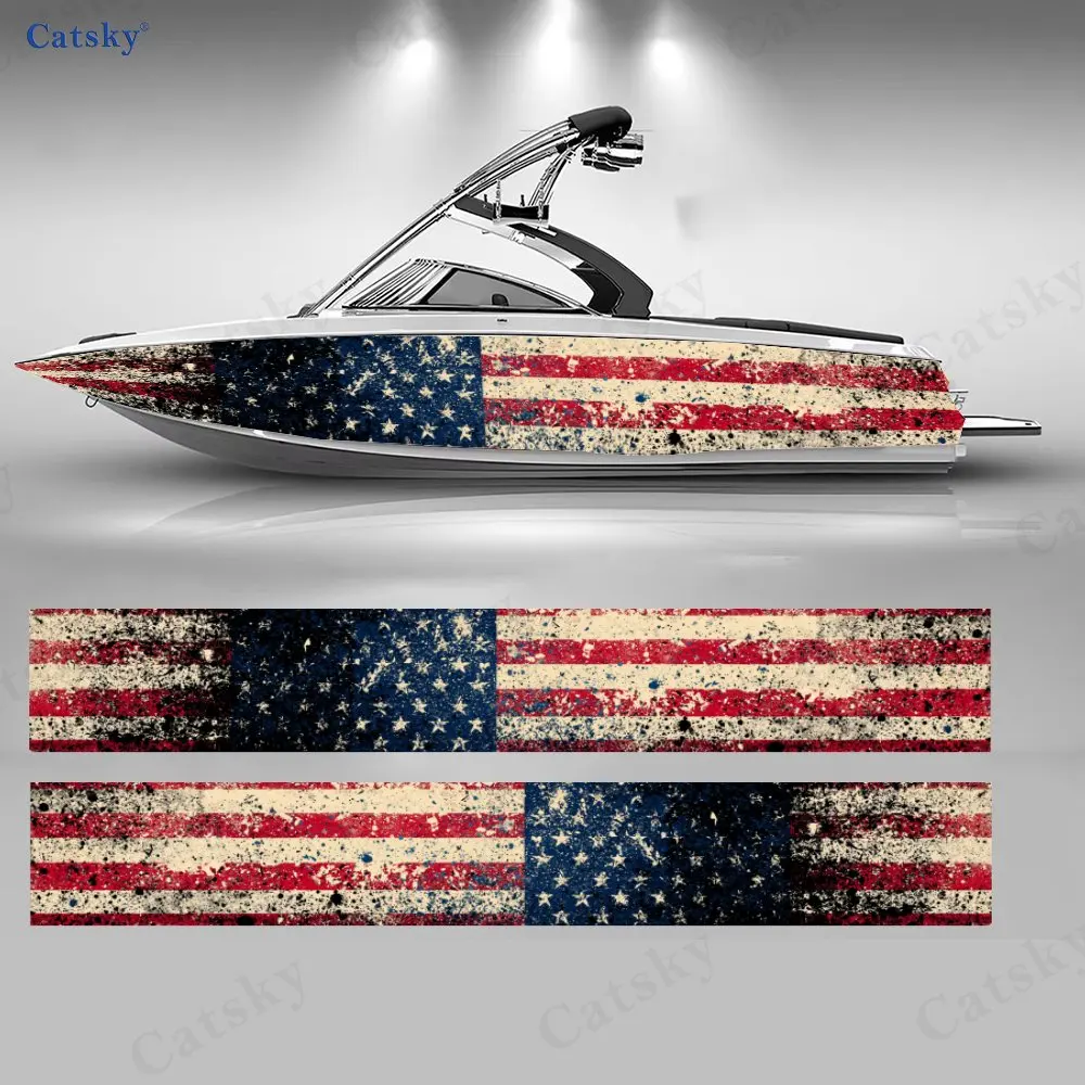 

2Pcs Distressed Stars & Stripes Boat Stickers, PVC Waterproof Vinyl Wrap Decals for Fishing Boats, Durable and Stylish Design
