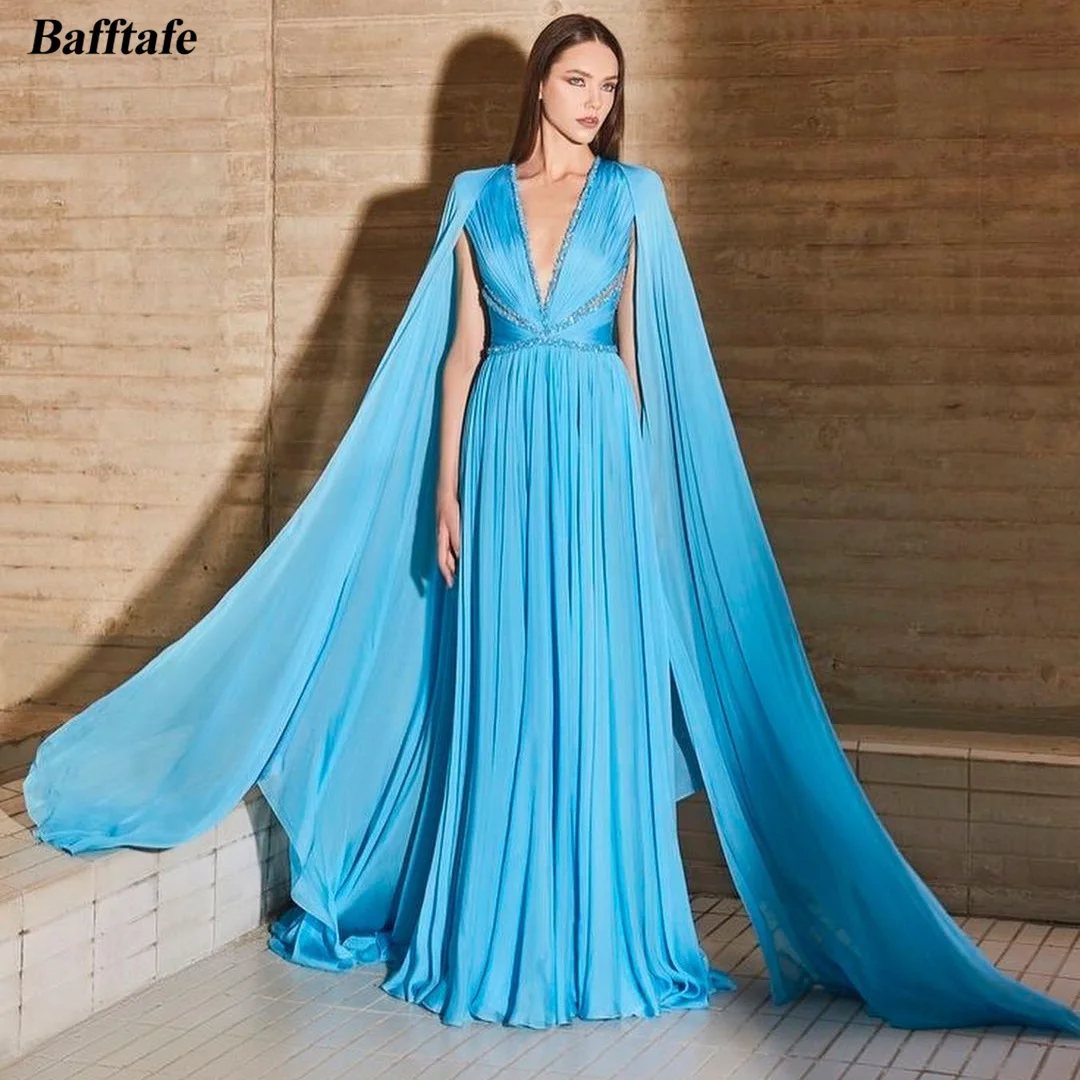 

Bafftafe Blue Chiffon Prom Party Dresses Women Long Sleeves Beaded Deep V-Neck Evening Gowns A Line Wedding Bridesmaid Dress