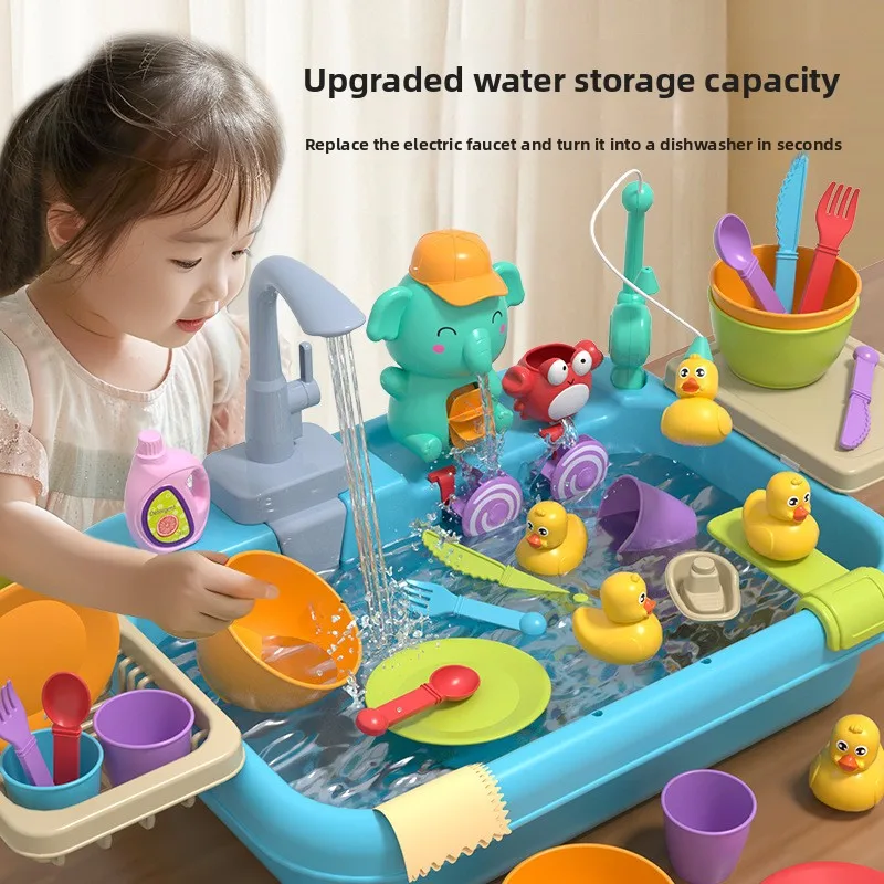 Juguetes para lavavajillas para niños, salida de circulación, agua eléctrica, fregadero de verduras, casa de juegos para bebés, juguetes de cocina