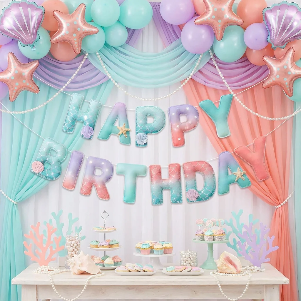 2D Filz-Banner Meerjungfrauen-Thema Ozean Geburtstagsparty Flaggen-Dekorationen für Kinder Sommer Unterwasser Babyparty Mädchen Prinzessin – Detail 2
