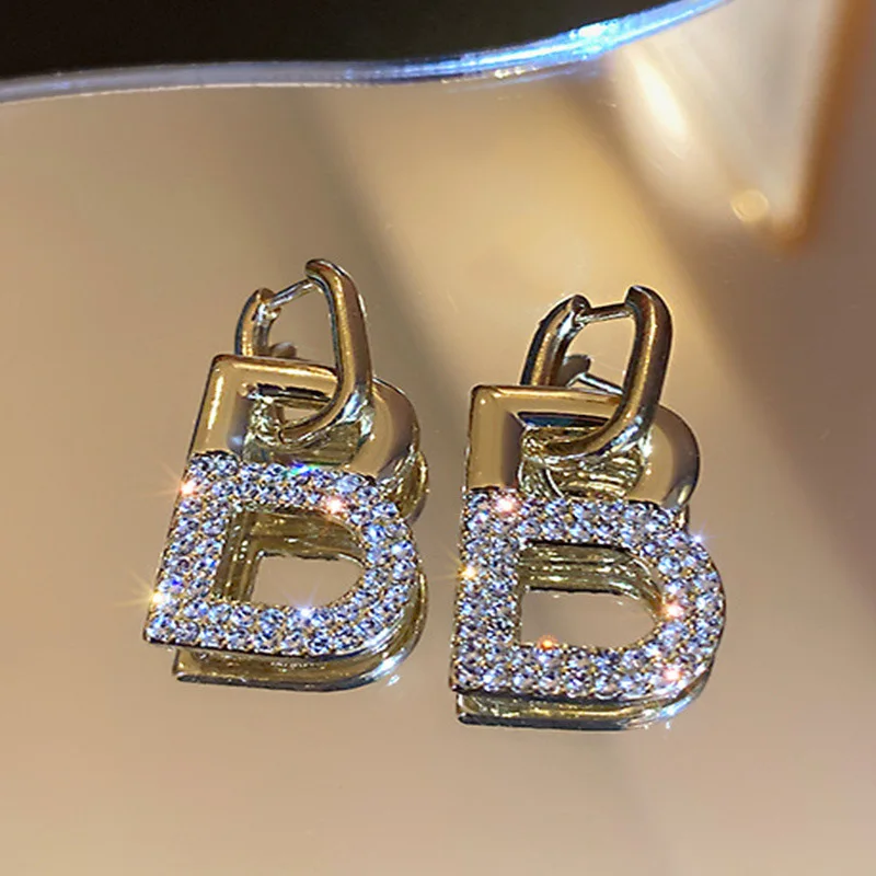 14K Luxury Gold Plated Letter B Pendant Earrings Women Personalized Jewelry Micro-encrusted Rhinestone Unique Earring