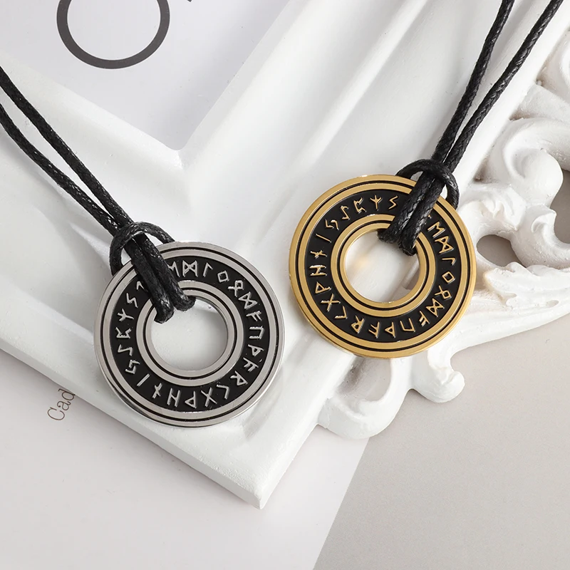 Classic Vintage Rune Circle Stainless Steel Pendant Necklace for Men Lucky Amulet Women Punk Jewelry Gift