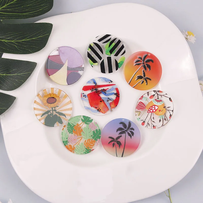 Summer style 50pcs/lot 38mm color flowers pattern print geoemtry rounds shape acrylic beads diy jewelry earring accessory