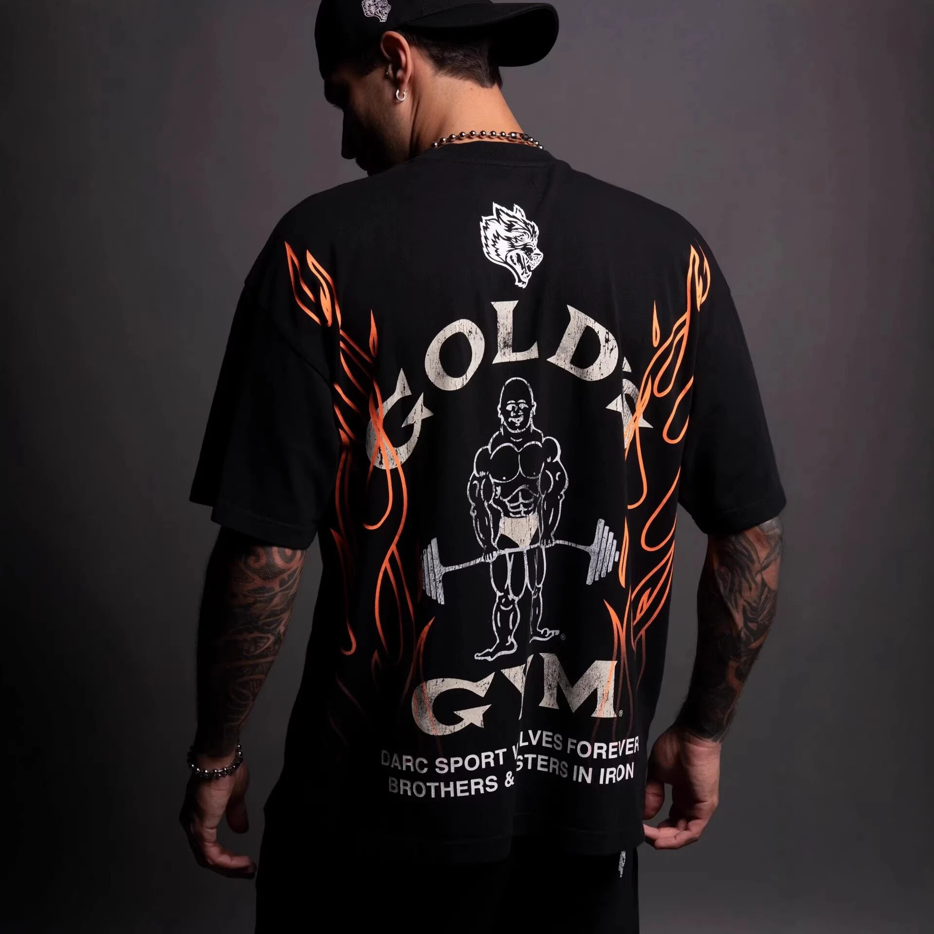 2026 American Vintage GOLD'S GYM T-Shirt mit Flammen-Wolfkopf-Print, Kurzarm, Herren, Locker Geschnitten, Schweres Gewicht, Fitness- und Trainings-T-Shirt – Detail 5