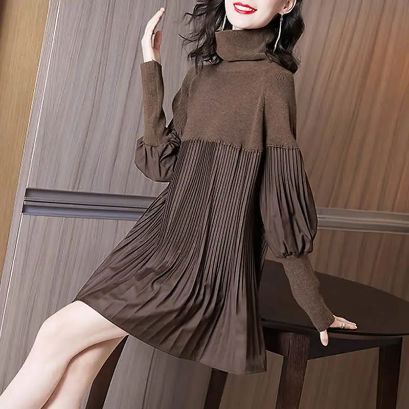 Elegant Solid Color Folds Spliced Lantern Sleeve Mini Dress Women\'s Clothing 2022 Autumn New Oversized Loose Casual Dresses