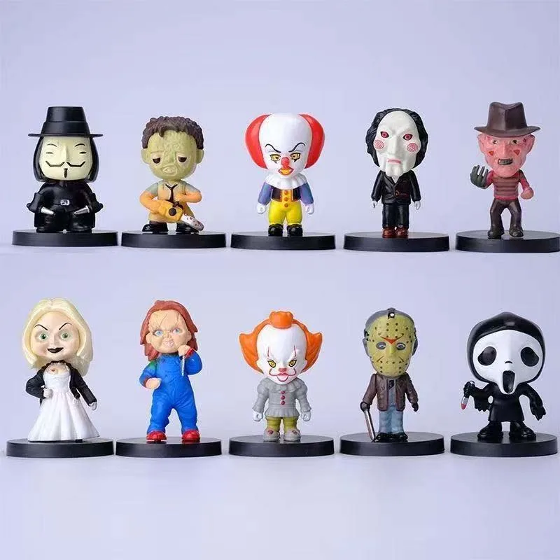 Conjunto de estátua de personagem de ação com ícone de terror, 10 peças, Chaqi Jason Voorhees Freddy Krueger Pennywise It, brinquedo modelo de terror para Halloween