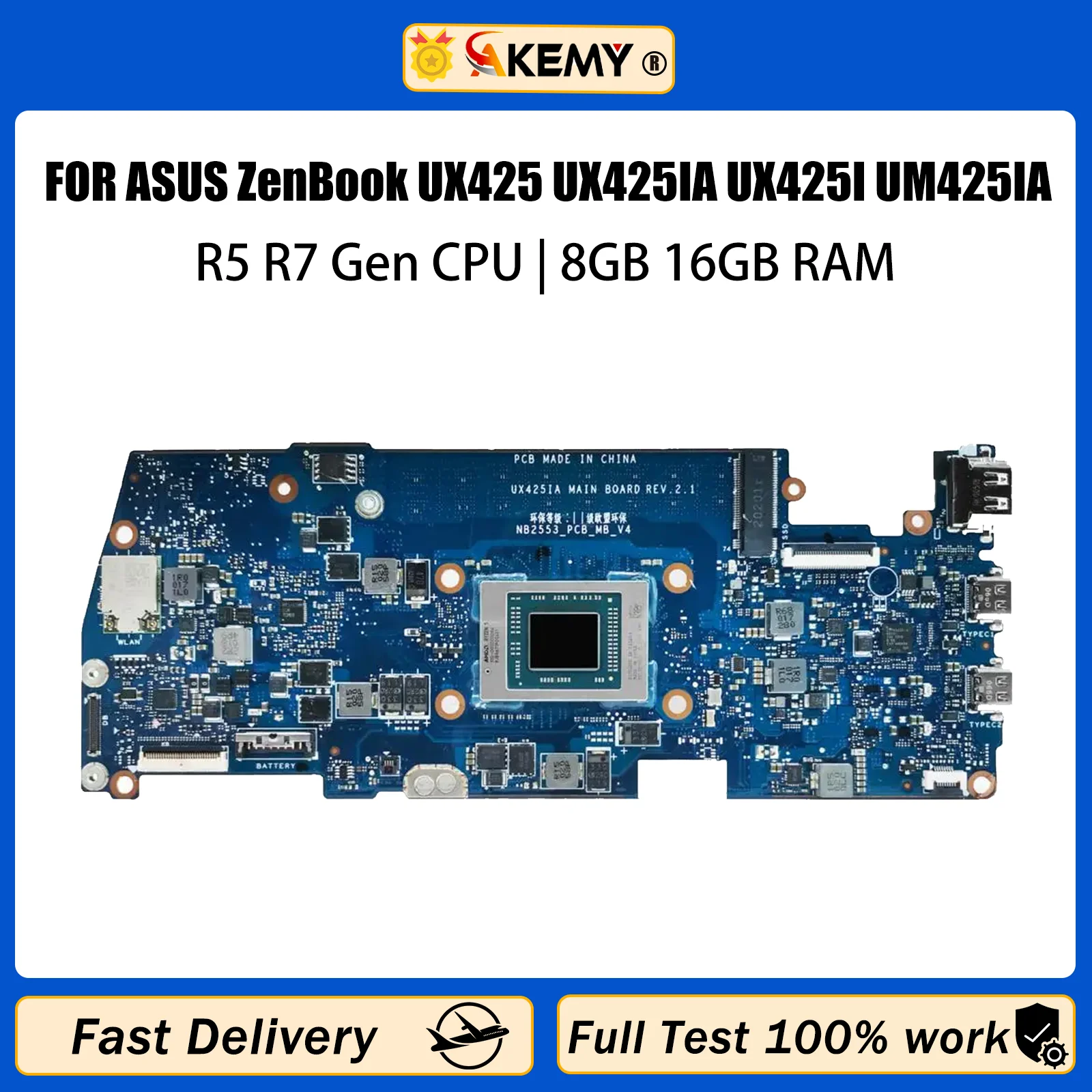 

AKEMY UX425IA Motherboard For ASUS ZenBook UX425 UX425IA UX425I UM425IA Laptop Mainboard With R5-4500U R7-4700U CPU 8GB 16GB RAM