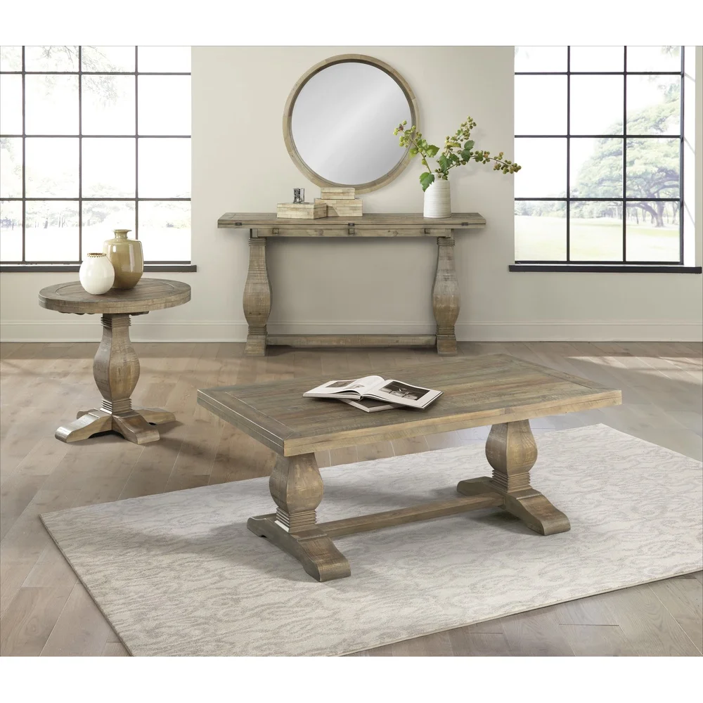 طاولة القهوة ذات الركيزة الطبيعية المستصلحة على طراز المزرعة، تصميم لوح الصنوبر النيوزيلندي، أرجل الدرابزين الكلاسيكية، غرفة المعيشة الداخلية #6