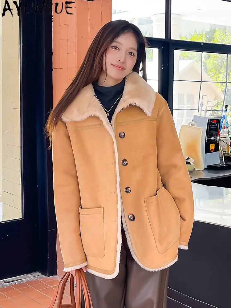 

AYUNSUE Женская куртка из натуральной овчины средней длины, зимняя одежда из натуральной кожи, мотоциклетные куртки из овечьей шерсти 2026