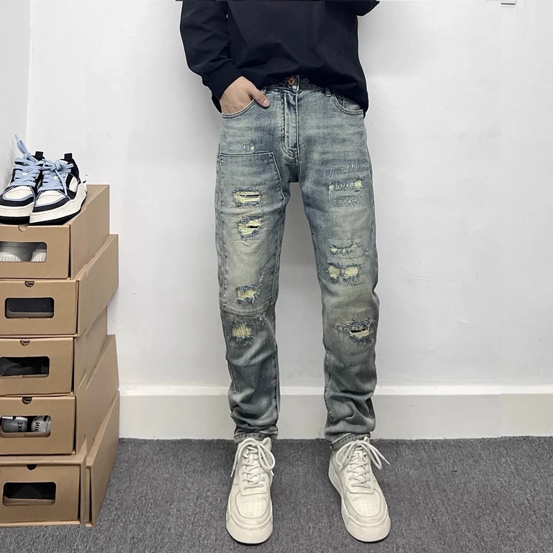 Pantalones vaqueros de diseñador callejero para hombre, Vaqueros rasgados con agujeros ajustados elásticos Retro Azul de alta calidad, pantalones vaqueros Vintage de Hip Hop para hombre